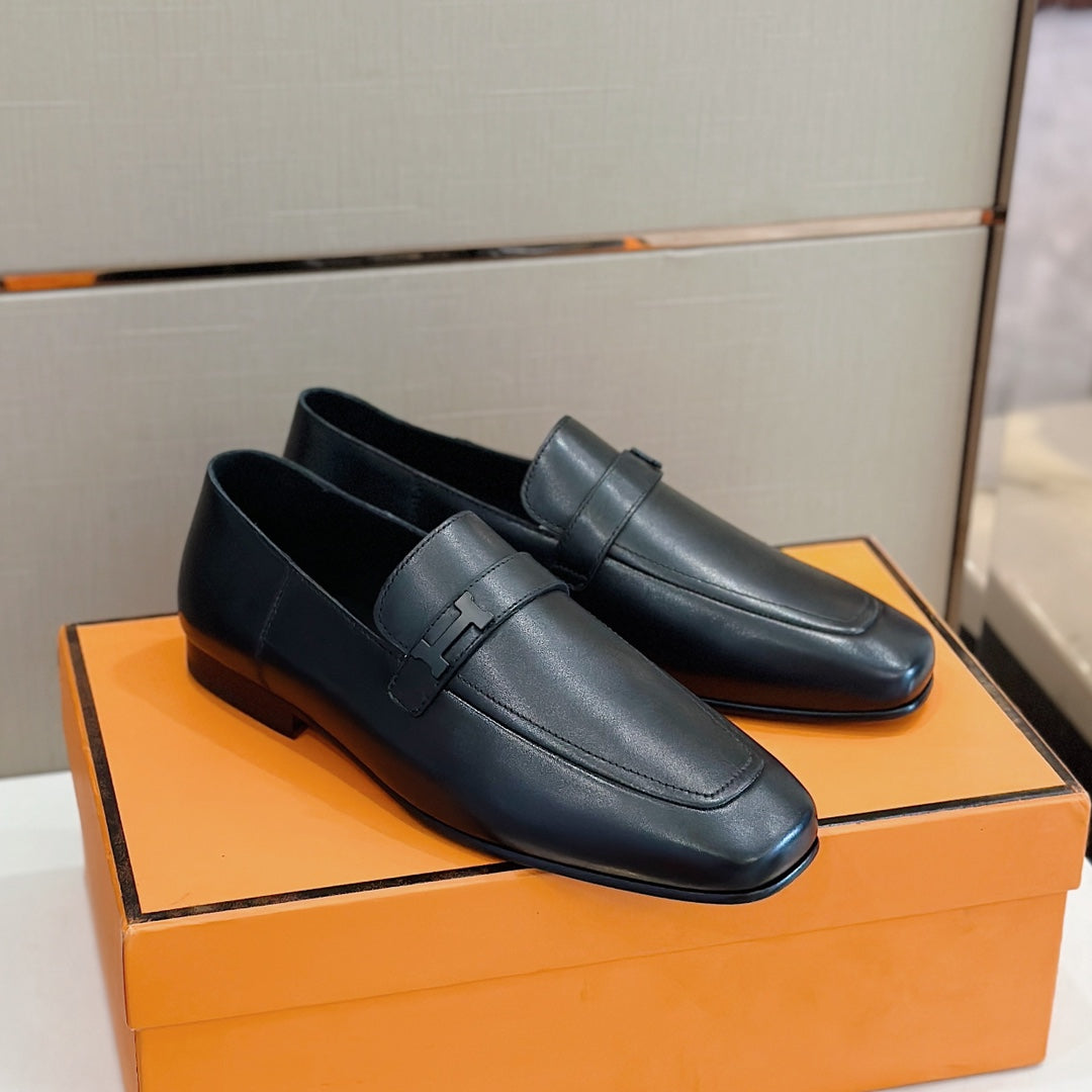Hermès Loafers – Double H Buckle, Handmade Genuine Leather Sole, Elegant Gentleman Style