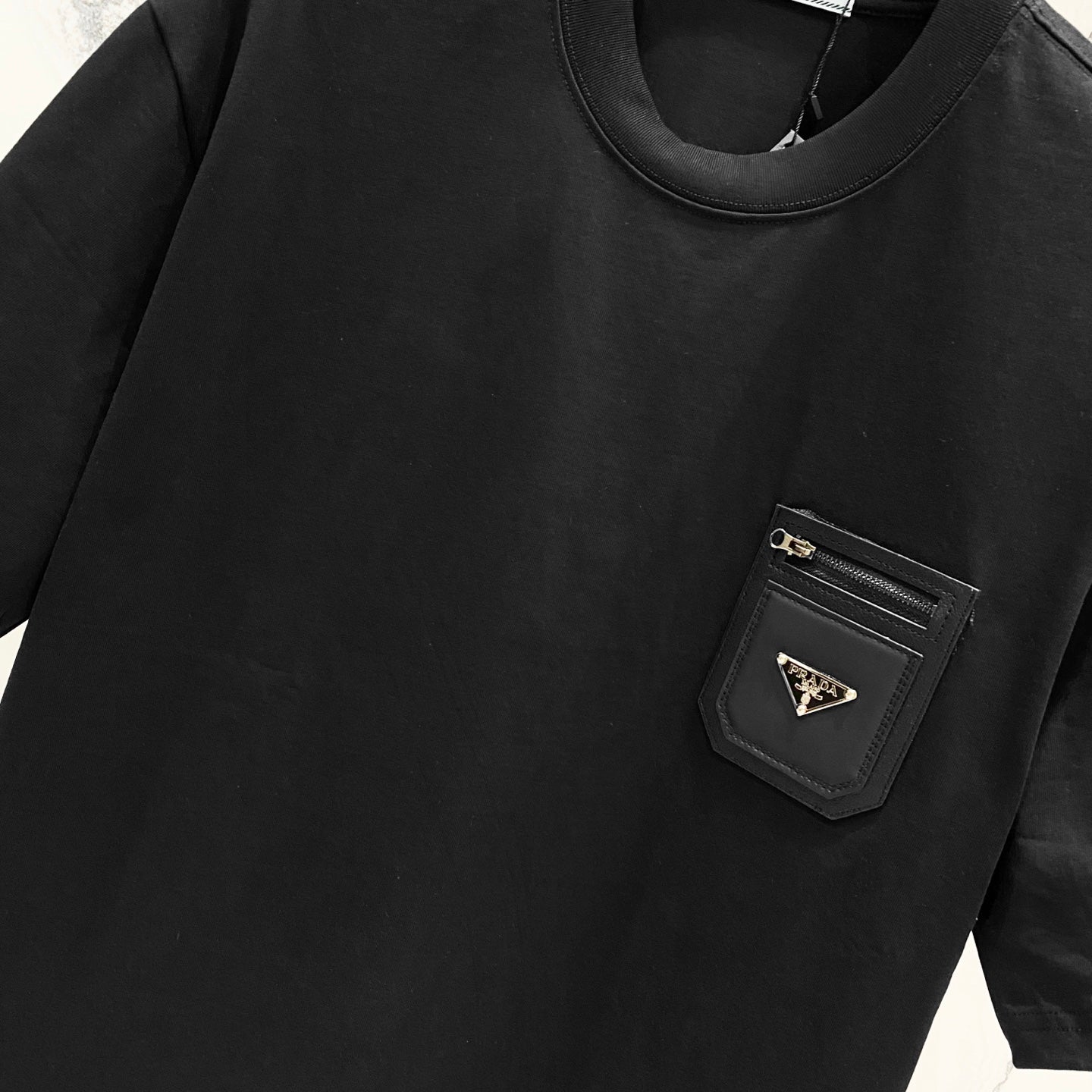 PRADA Men’s 320g Cotton Crewneck T-Shirt with Leather Zipper Pocket Logo | S–XXL