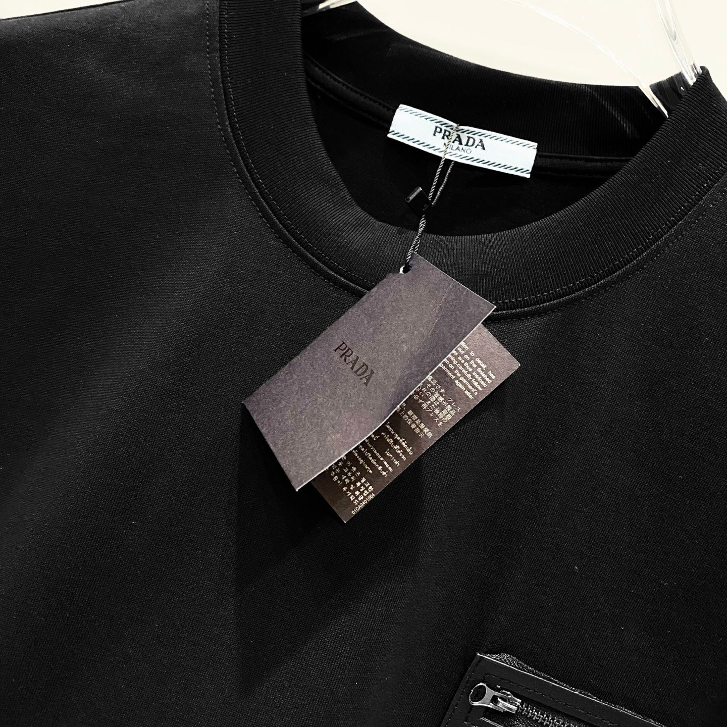 PRADA Men’s 320g Cotton Crewneck T-Shirt with Leather Zipper Pocket Logo | S–XXL