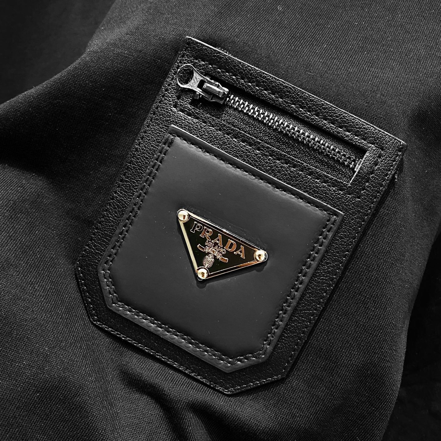 PRADA Men’s 320g Cotton Crewneck T-Shirt with Leather Zipper Pocket Logo | S–XXL