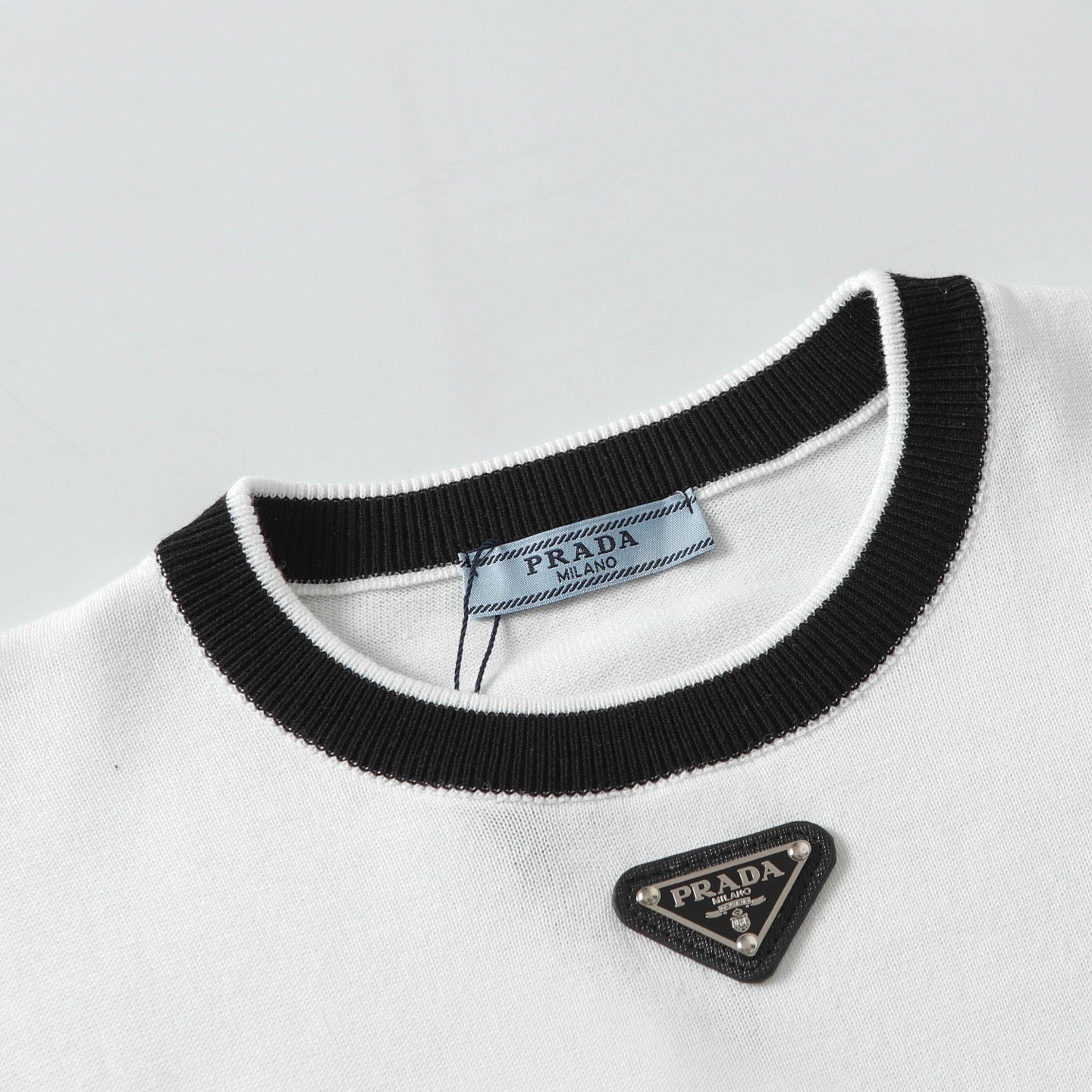 PRADA Knit Crewneck T-Shirt with Signature Metal Triangle Logo | XS–L
