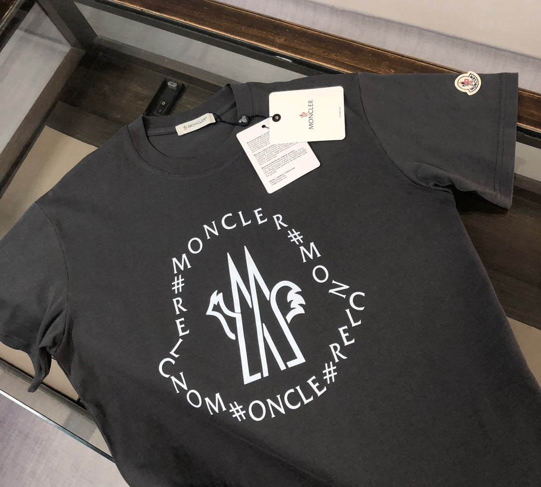 MONCLER T-Shirt – 2025 Couples Collection Logo Graphic Print – Black/White/Dark Gray – Sizes S–XL