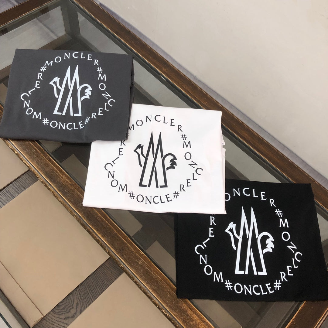 MONCLER T-Shirt – 2025 Couples Collection Logo Graphic Print – Black/White/Dark Gray – Sizes S–XL