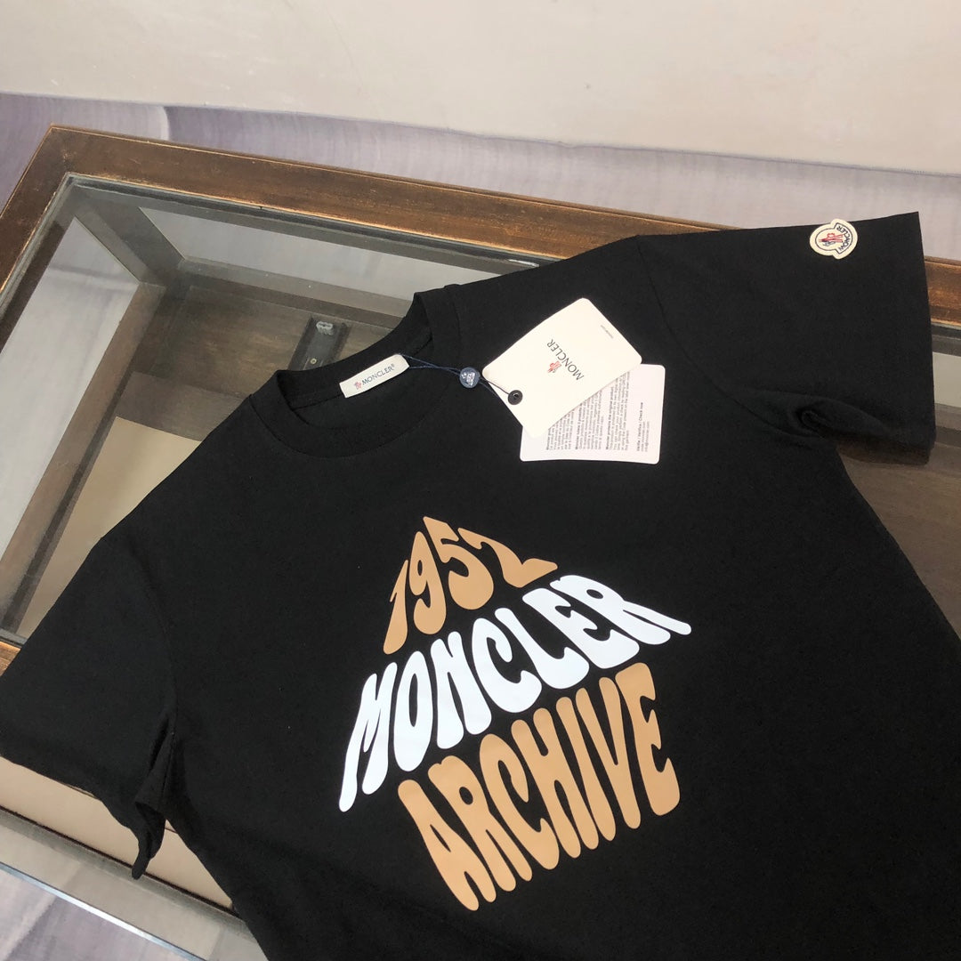 MONCLER T-Shirt – 2025 Couples Collection Logo Graphic Print – Black/White/Dark Gray – Sizes S–XL