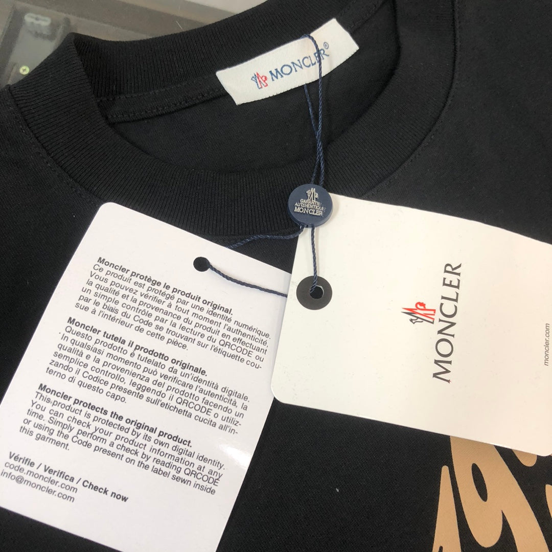 MONCLER T-Shirt – 2025 Couples Collection Logo Graphic Print – Black/White/Dark Gray – Sizes S–XL
