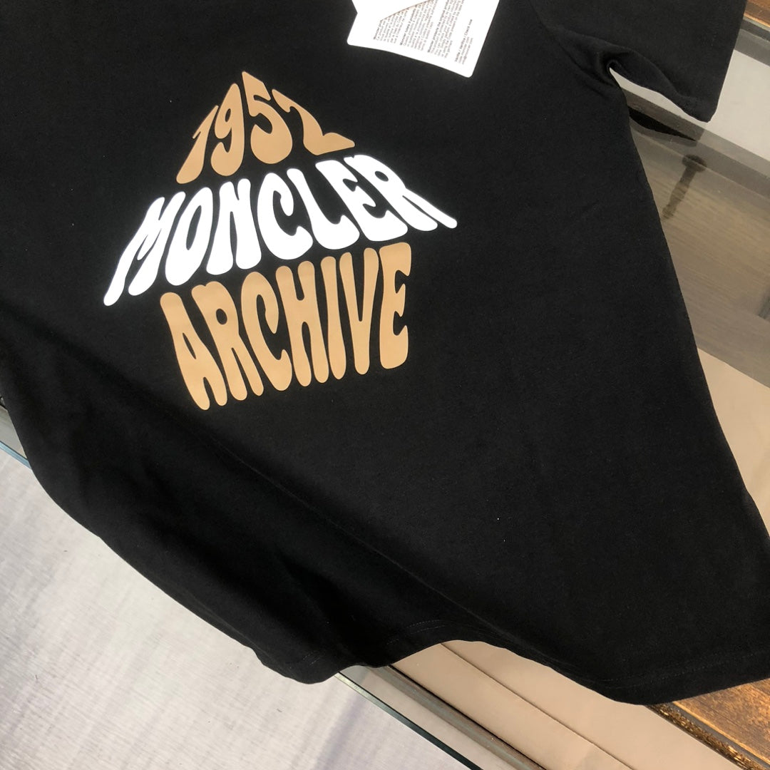 MONCLER T-Shirt – 2025 Couples Collection Logo Graphic Print – Black/White/Dark Gray – Sizes S–XL