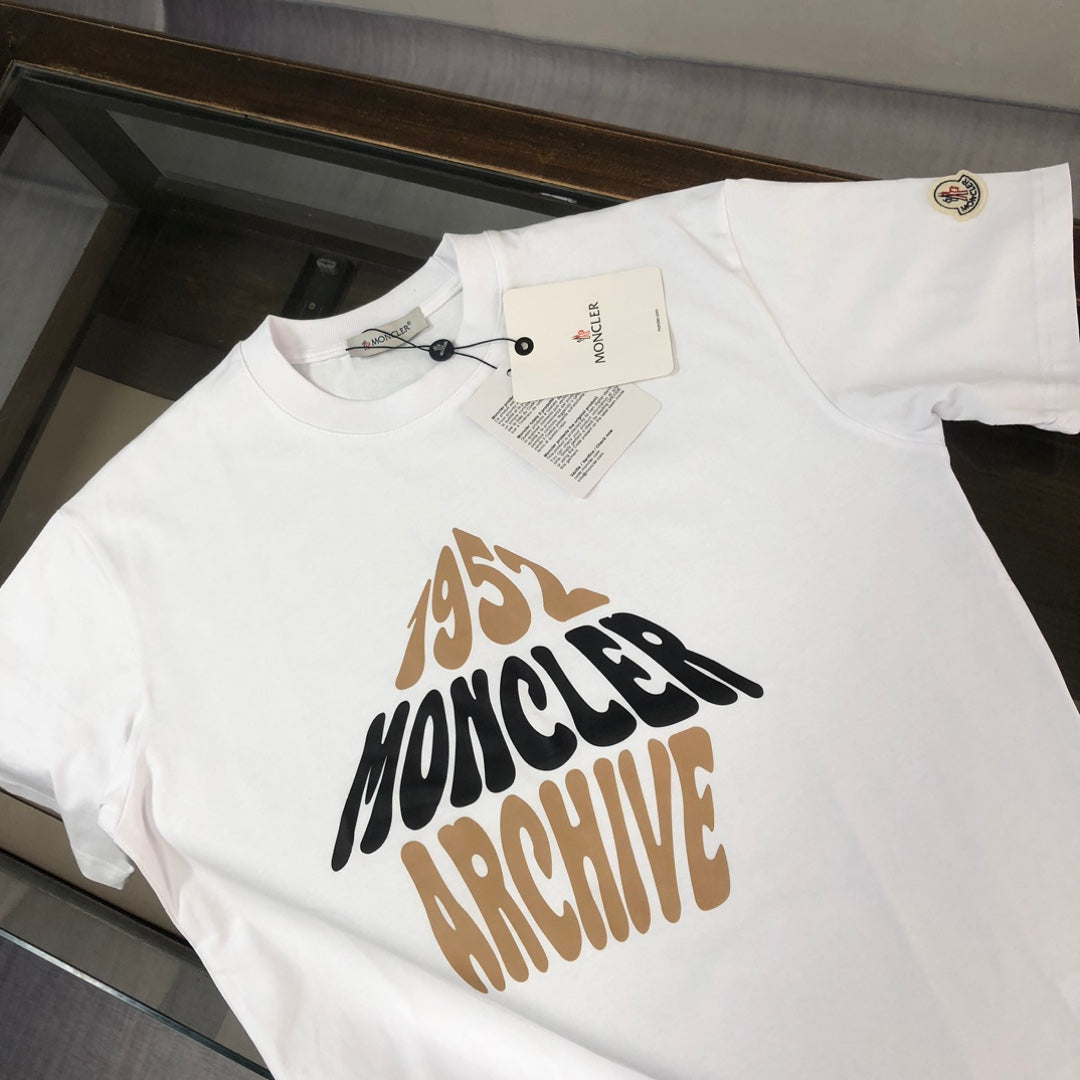 MONCLER T-Shirt – 2025 Couples Collection Logo Graphic Print – Black/White/Dark Gray – Sizes S–XL