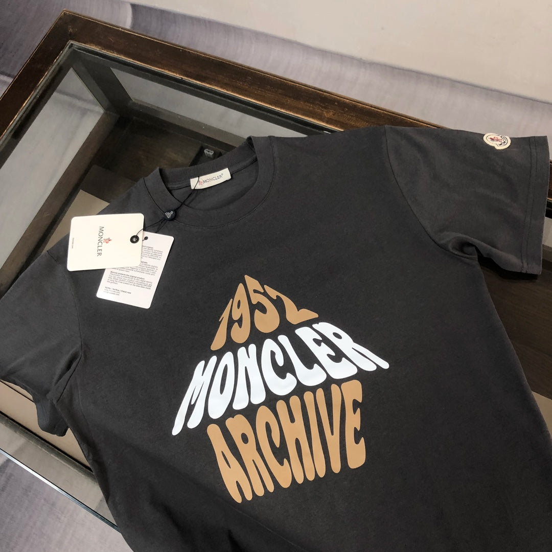MONCLER T-Shirt – 2025 Couples Collection Logo Graphic Print – Black/White/Dark Gray – Sizes S–XL