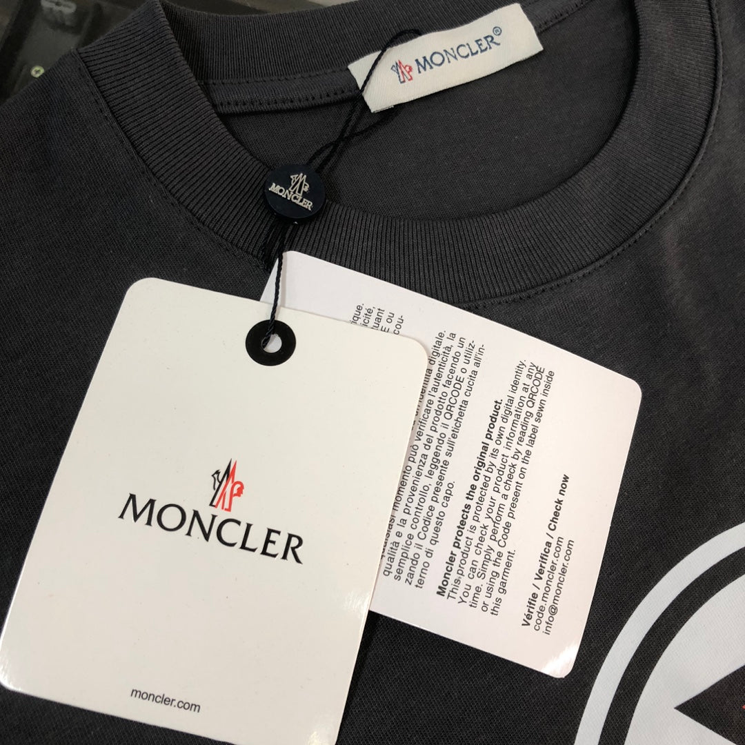 MONCLER T-Shirt – 2025 Couples Collection Logo Graphic Print – Black/White/Dark Gray – Sizes S–XL