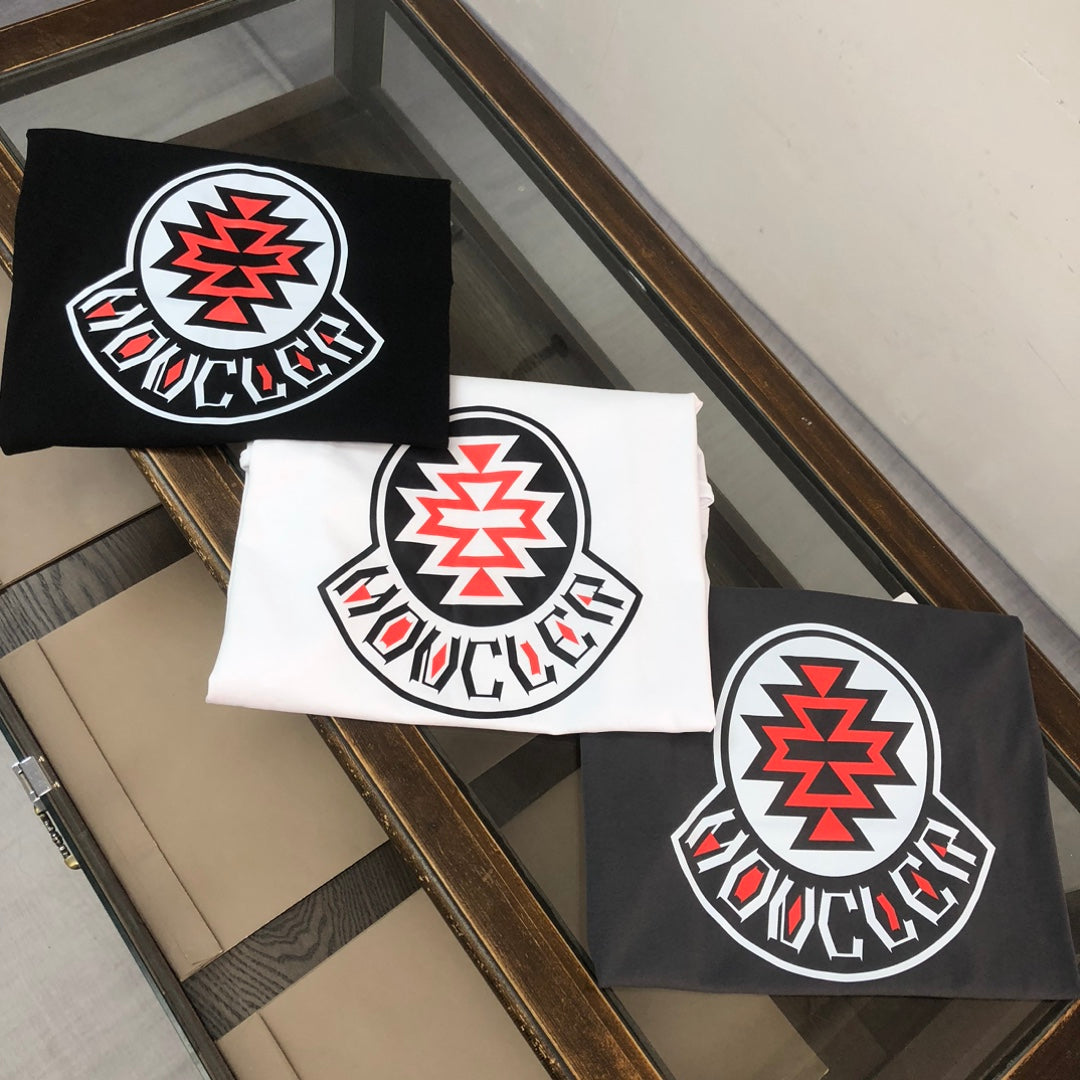 MONCLER T-Shirt – 2025 Couples Collection Logo Graphic Print – Black/White/Dark Gray – Sizes S–XL