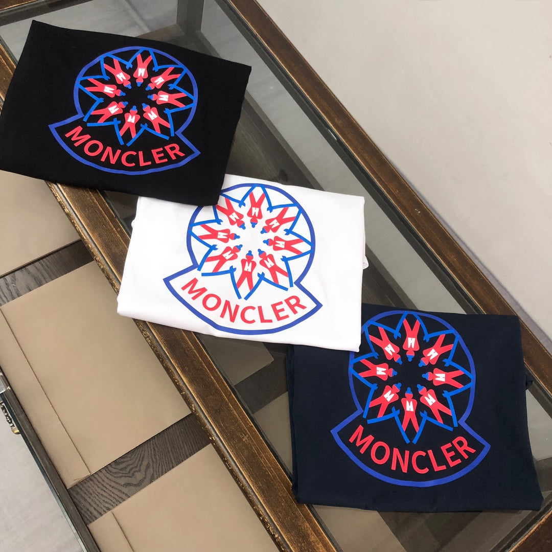 MONCLER T-Shirt – 2025 Couples Collection Logo Graphic Print – Black/White/Dark Gray – Sizes S–XL