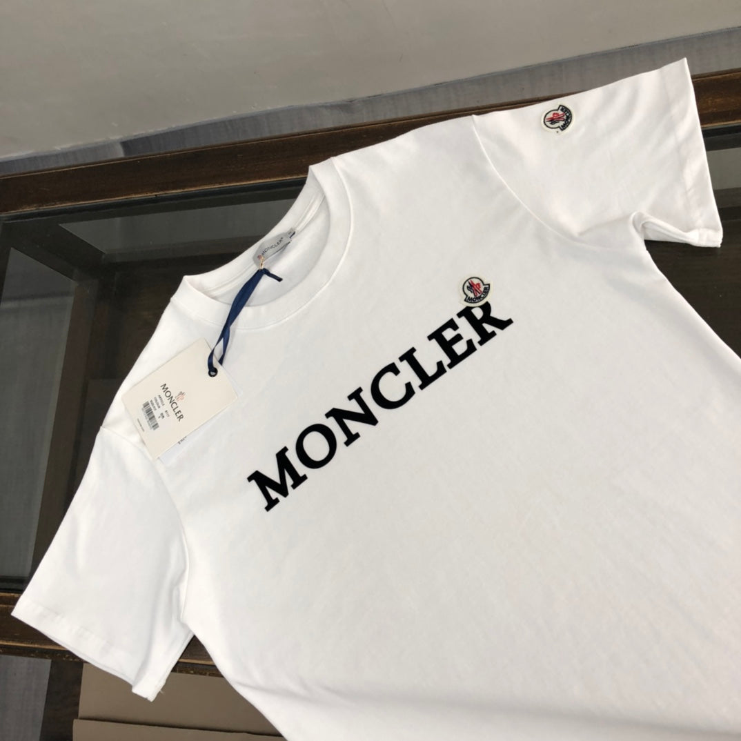 MONCLER T-Shirt – 2025 Official Collection Velour Logo Print – Black/White – Sizes S–XL