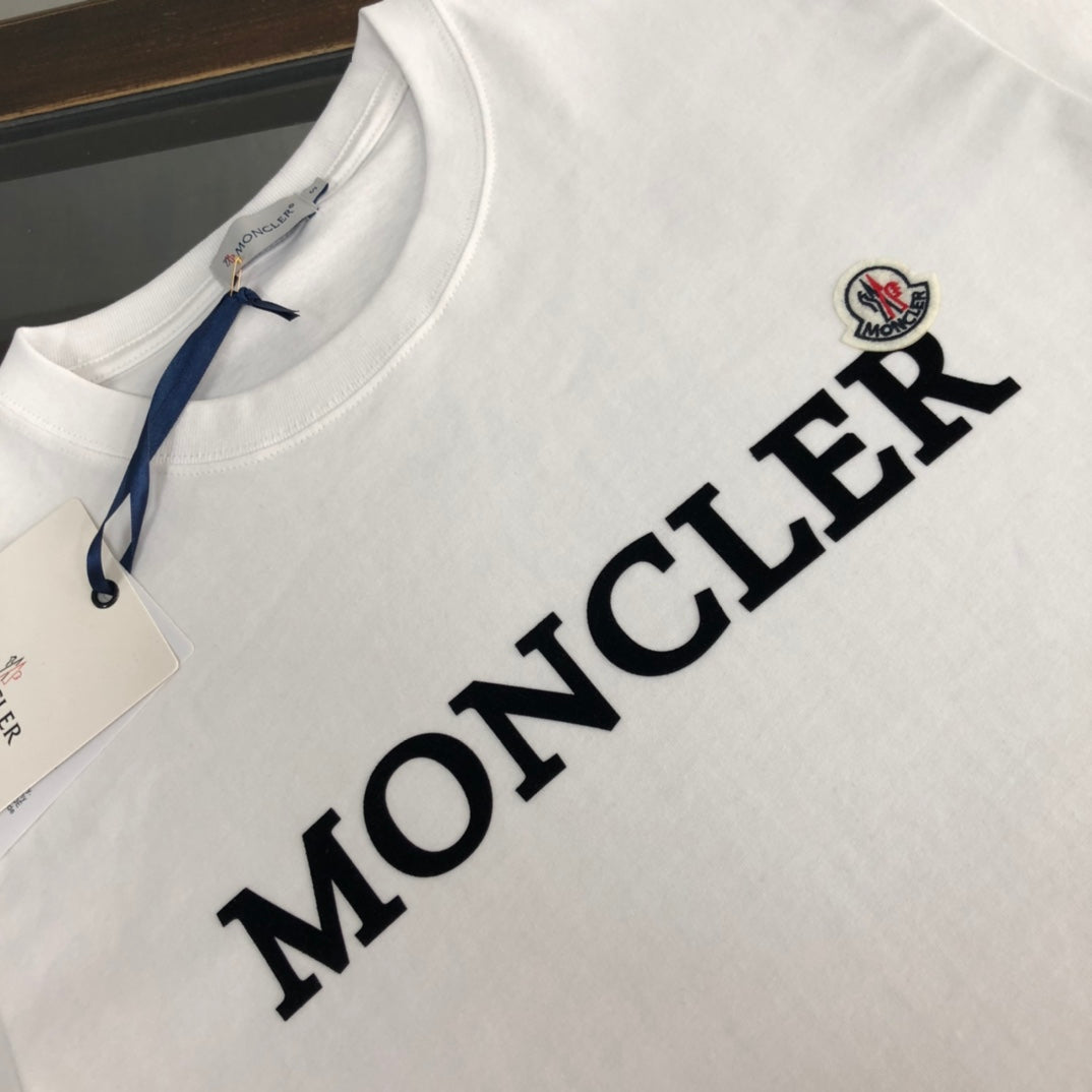 MONCLER T-Shirt – 2025 Official Collection Velour Logo Print – Black/White – Sizes S–XL