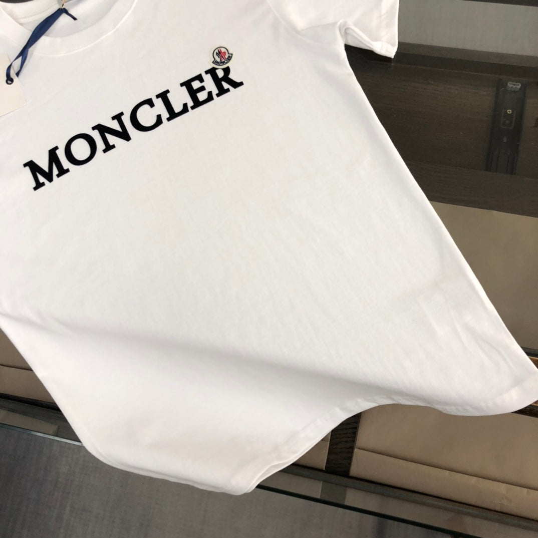 MONCLER T-Shirt – 2025 Official Collection Velour Logo Print – Black/White – Sizes S–XL