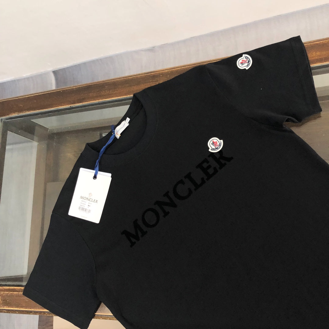 MONCLER T-Shirt – 2025 Official Collection Velour Logo Print – Black/White – Sizes S–XL
