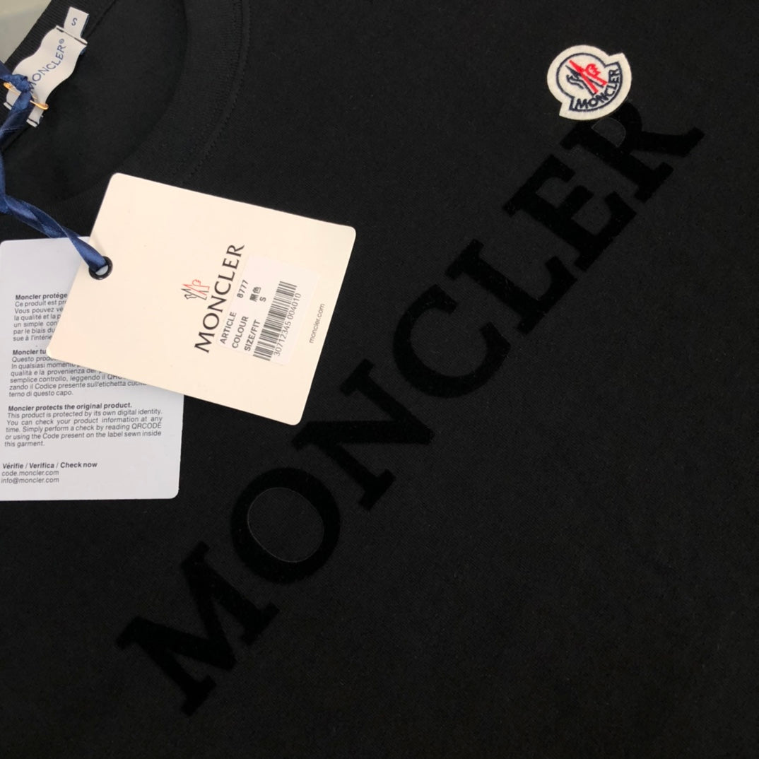 MONCLER T-Shirt – 2025 Official Collection Velour Logo Print – Black/White – Sizes S–XL