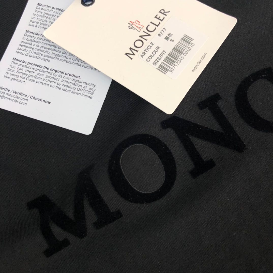 MONCLER T-Shirt – 2025 Official Collection Velour Logo Print – Black/White – Sizes S–XL