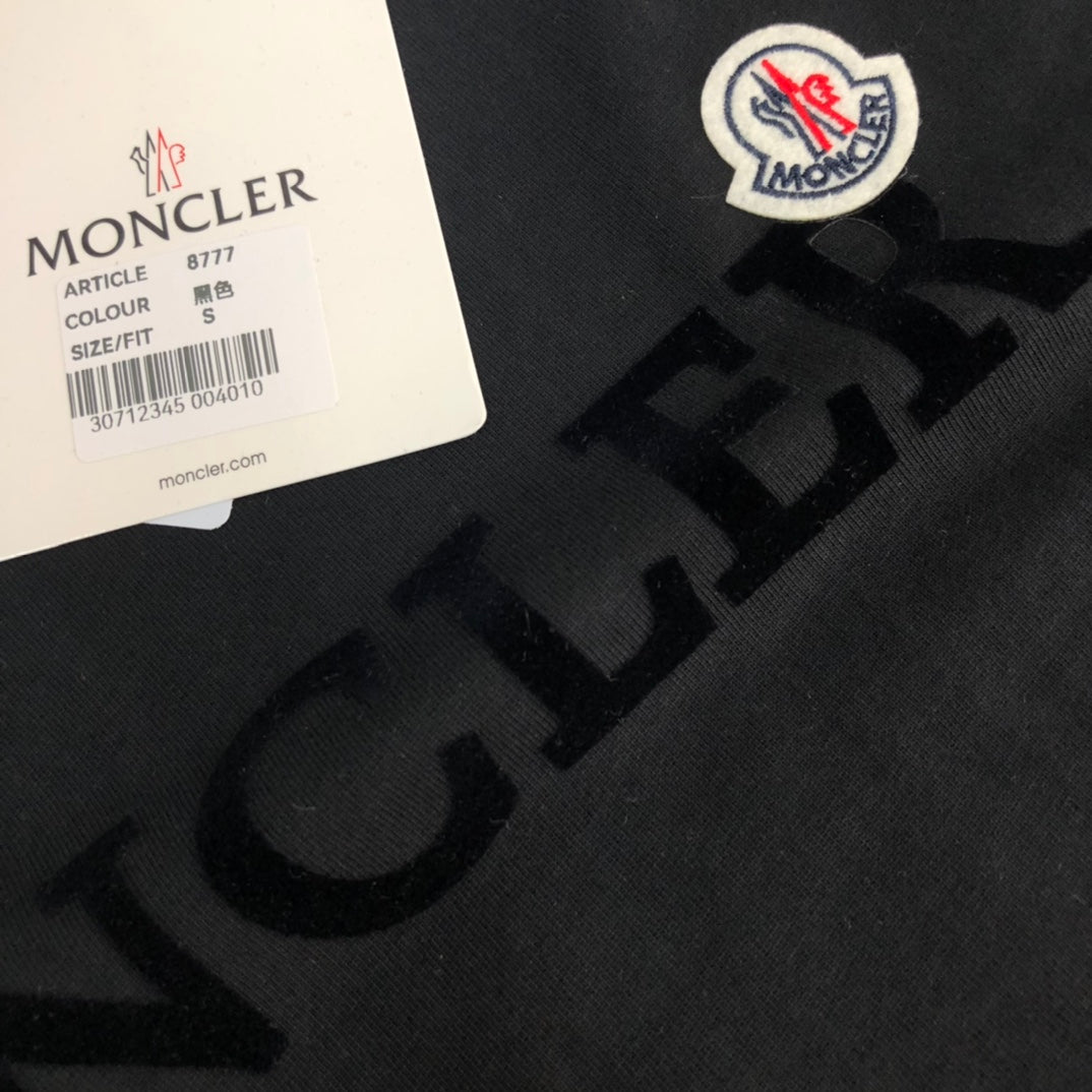 MONCLER T-Shirt – 2025 Official Collection Velour Logo Print – Black/White – Sizes S–XL