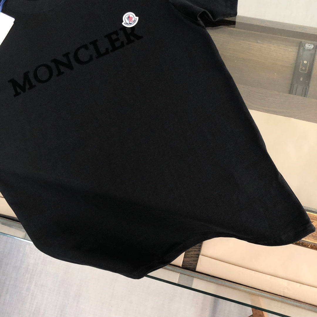 MONCLER T-Shirt – 2025 Official Collection Velour Logo Print – Black/White – Sizes S–XL