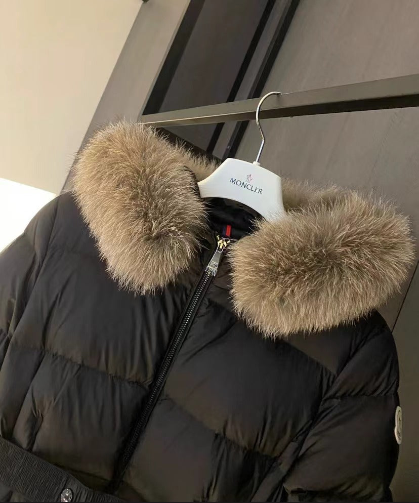 MONCLER Boed Down Coat with Detachable Fox Fur Collar & Waist Belt | Black | Size 1–4