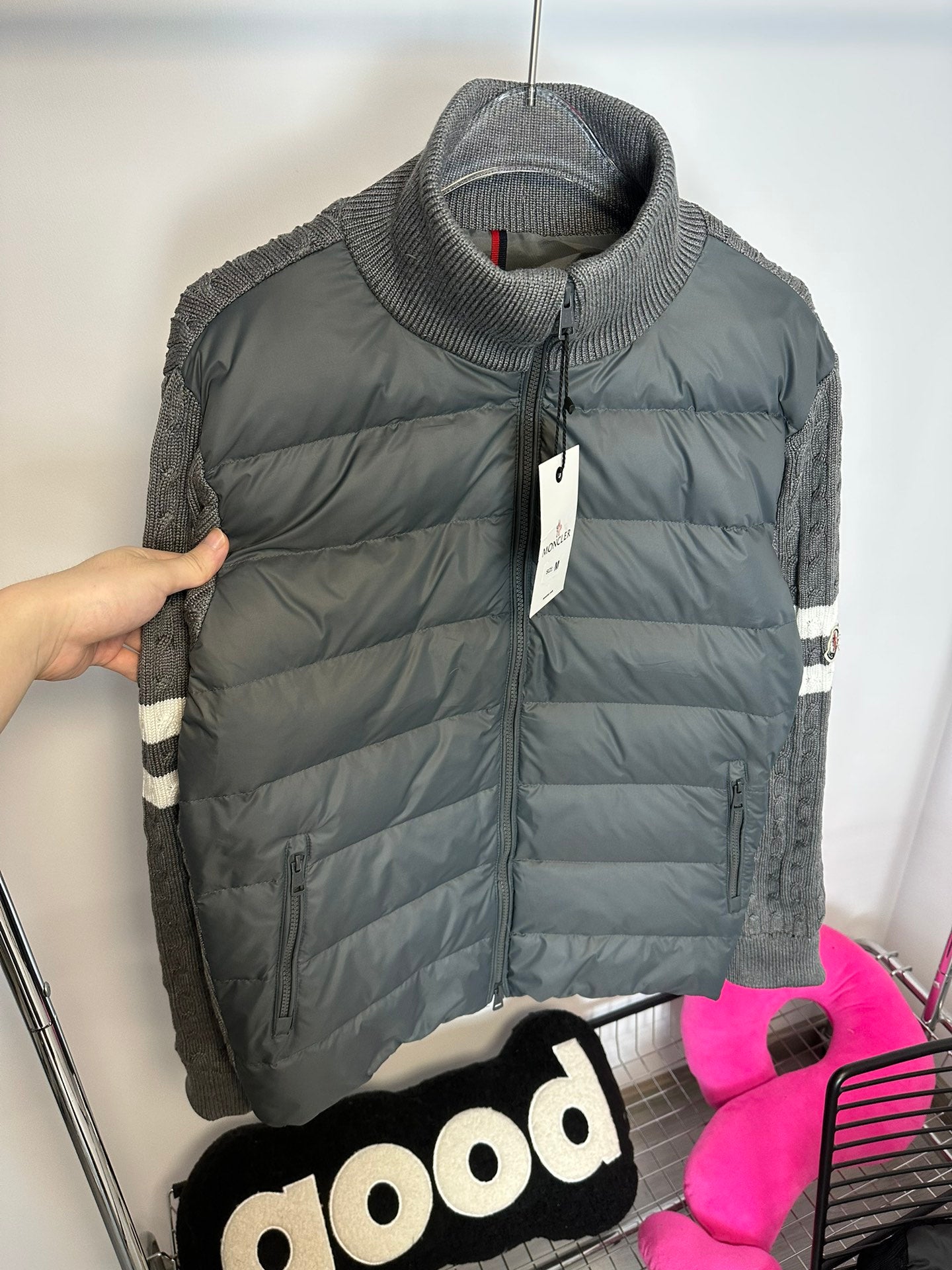 MONCLER Knit-Panel Stand Collar Down Jacket | HMY37# | Black / Grey | Size 1–4