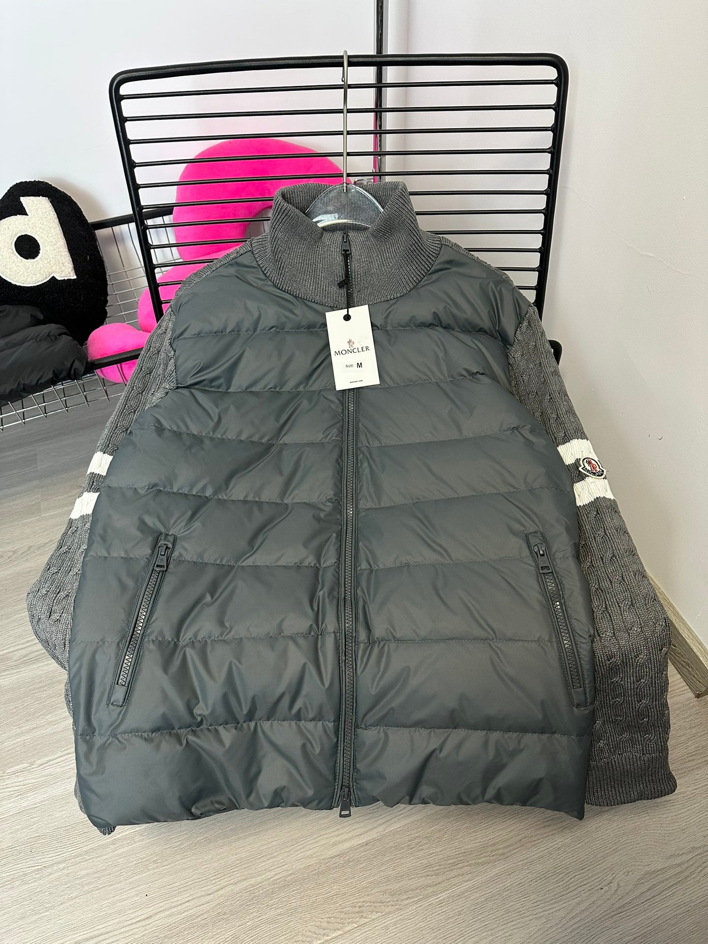 MONCLER Knit-Panel Stand Collar Down Jacket | HMY37# | Black / Grey | Size 1–4