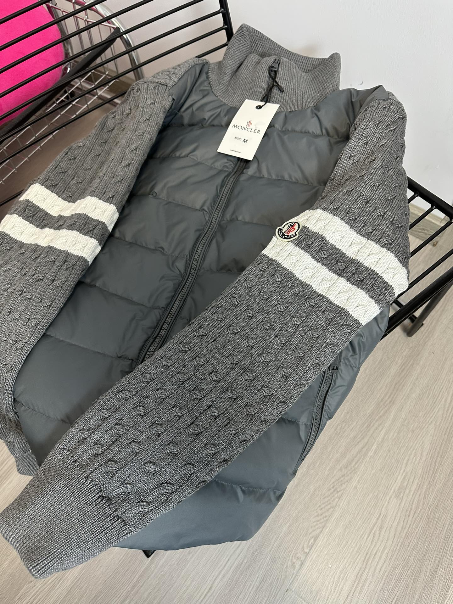 MONCLER Knit-Panel Stand Collar Down Jacket | HMY37# | Black / Grey | Size 1–4
