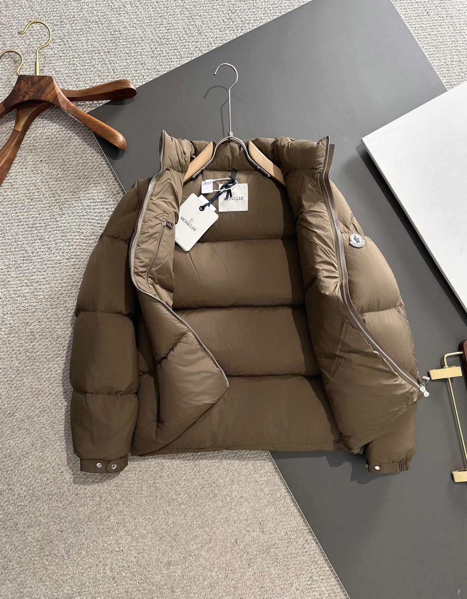 MONCLER Leather-Panel Short Down Jacket | Black / Coffee | Sizes 1–5