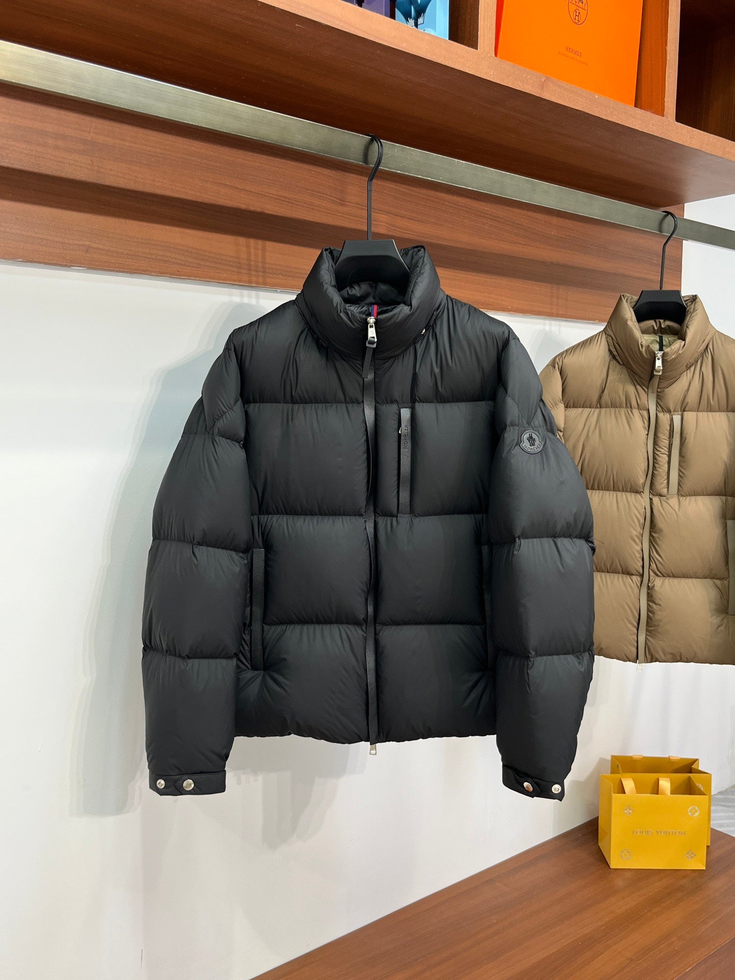 MONCLER Leather-Panel Short Down Jacket | Black / Coffee | Sizes 1–5