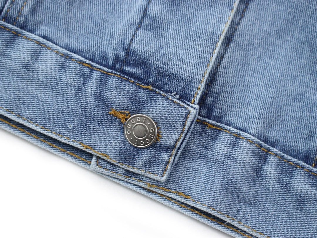 GUCCI 2024SS Floral Embroidered Logo Denim Jacket | Unisex Couples Edition