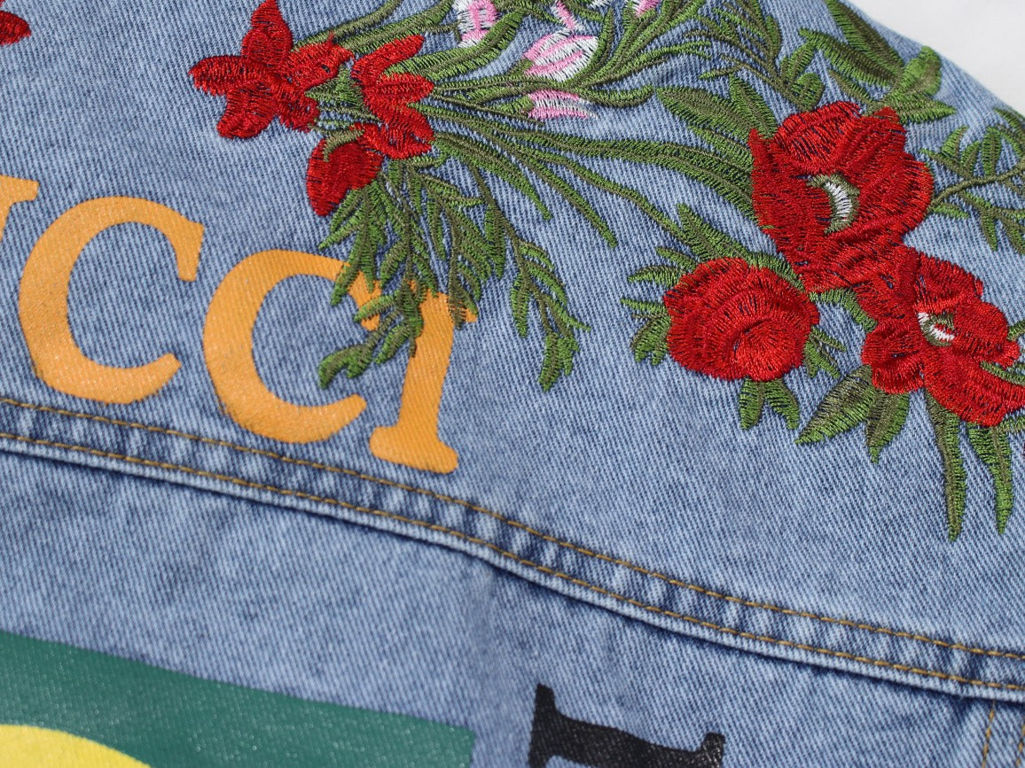 GUCCI 2024SS Floral Embroidered Logo Denim Jacket | Unisex Couples Edition
