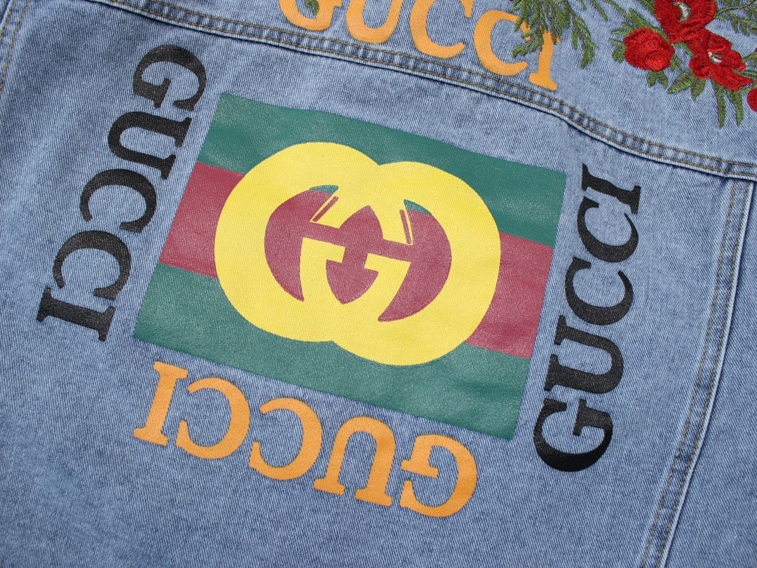 GUCCI 2024SS Floral Embroidered Logo Denim Jacket | Unisex Couples Edition