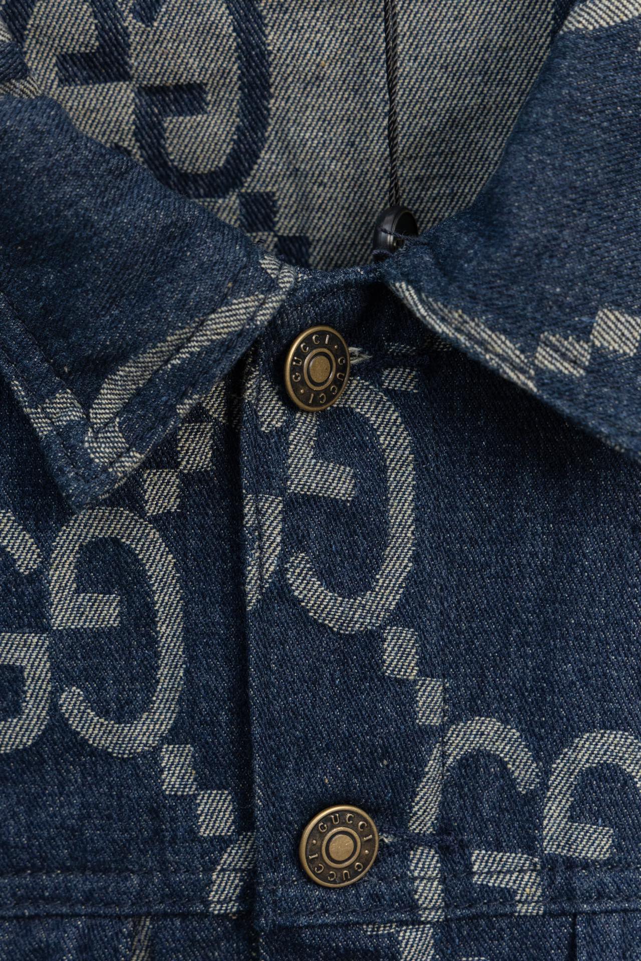 GUCCI Double G Monogram Jacquard Vintage Washed Blue Denim Jacket | Unisex Oversized Fit