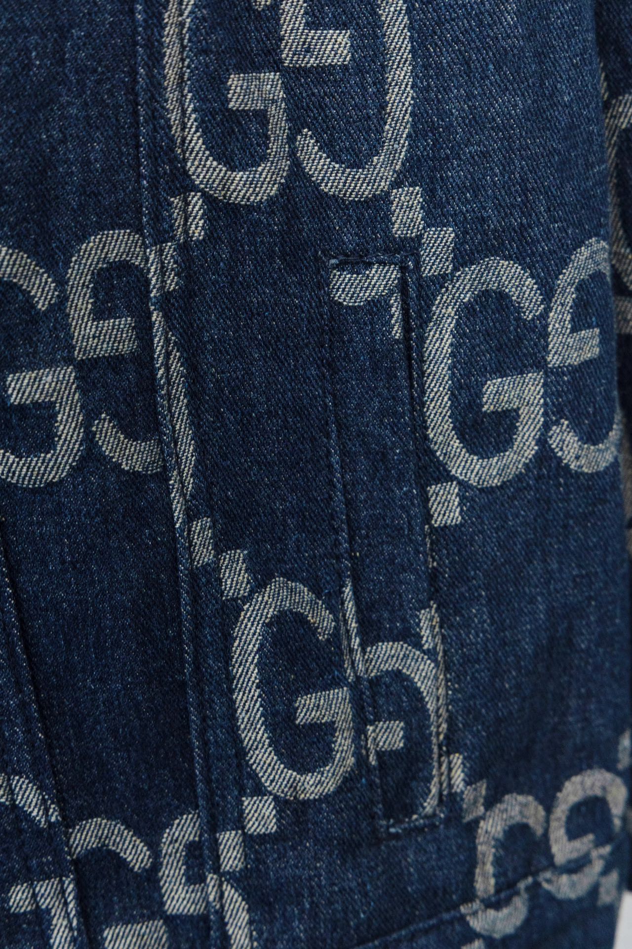 GUCCI Double G Monogram Jacquard Vintage Washed Blue Denim Jacket | Unisex Oversized Fit
