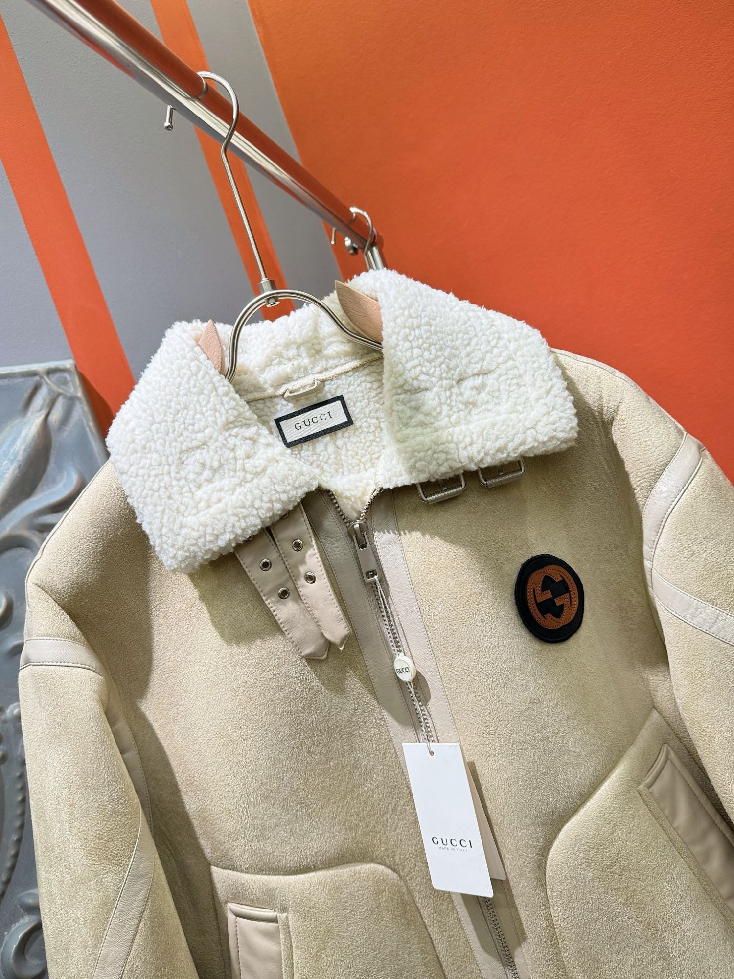 GUCCI 2024 Shearling Jacket | Luxury Faux Shearling Leather Coat with Lamb Wool Lining