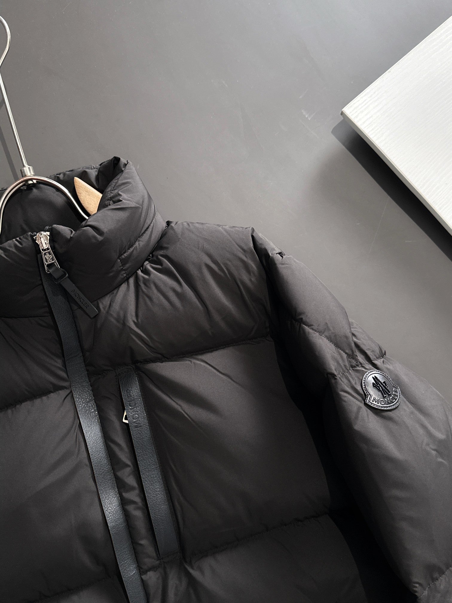 Moncler Leather-Trim Short Down Jacket | Black / Coffee | Size 1–5
