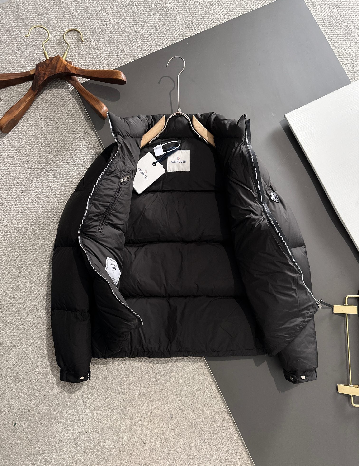 Moncler Leather-Trim Short Down Jacket | Black / Coffee | Size 1–5