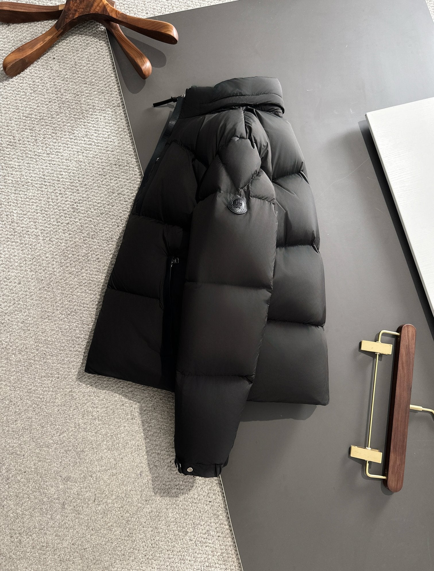 Moncler Leather-Trim Short Down Jacket | Black / Coffee | Size 1–5