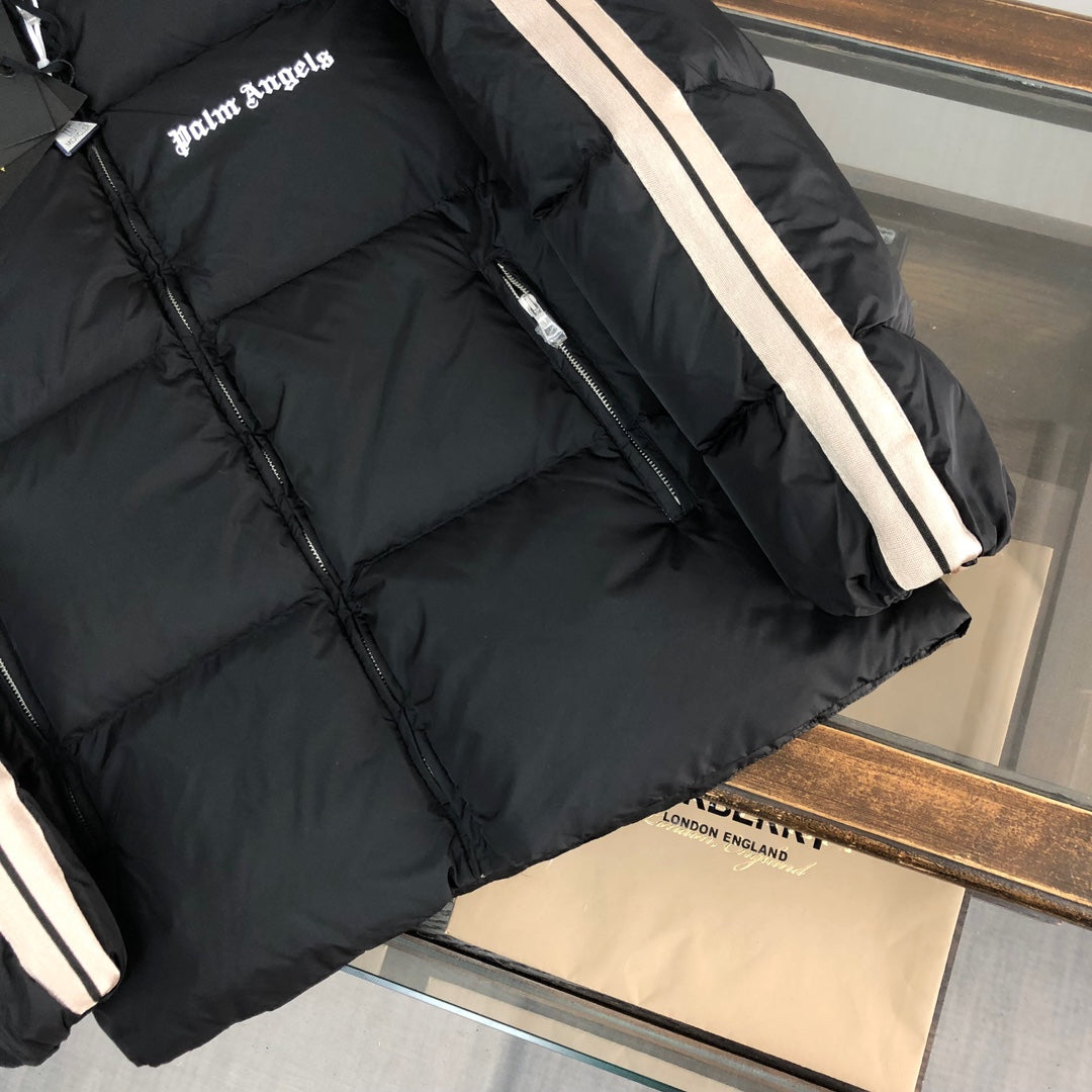 Moncler x Palm Angels 2024 Down Jacket | Unisex Striped Sleeve Logo Design (Sizes 1–5)