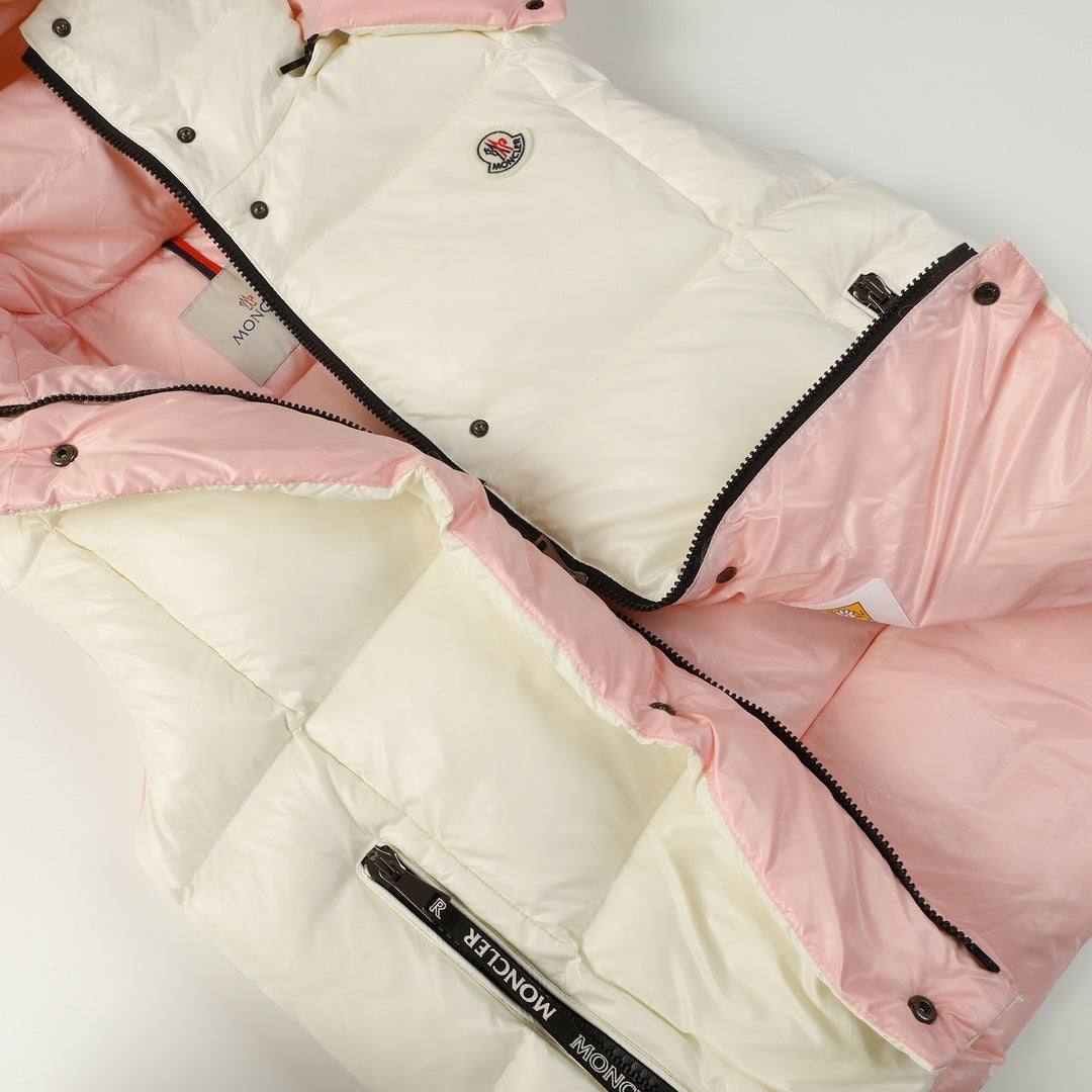 Moncler Parana Women’s Color-Block Hooded Down Vest | Puffer Gilet | Black / White-Pink / Apricot | Sizes 0–3