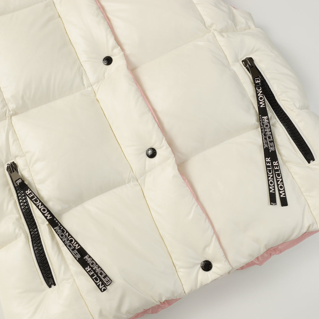 Moncler Parana Women’s Color-Block Hooded Down Vest | Puffer Gilet | Black / White-Pink / Apricot | Sizes 0–3