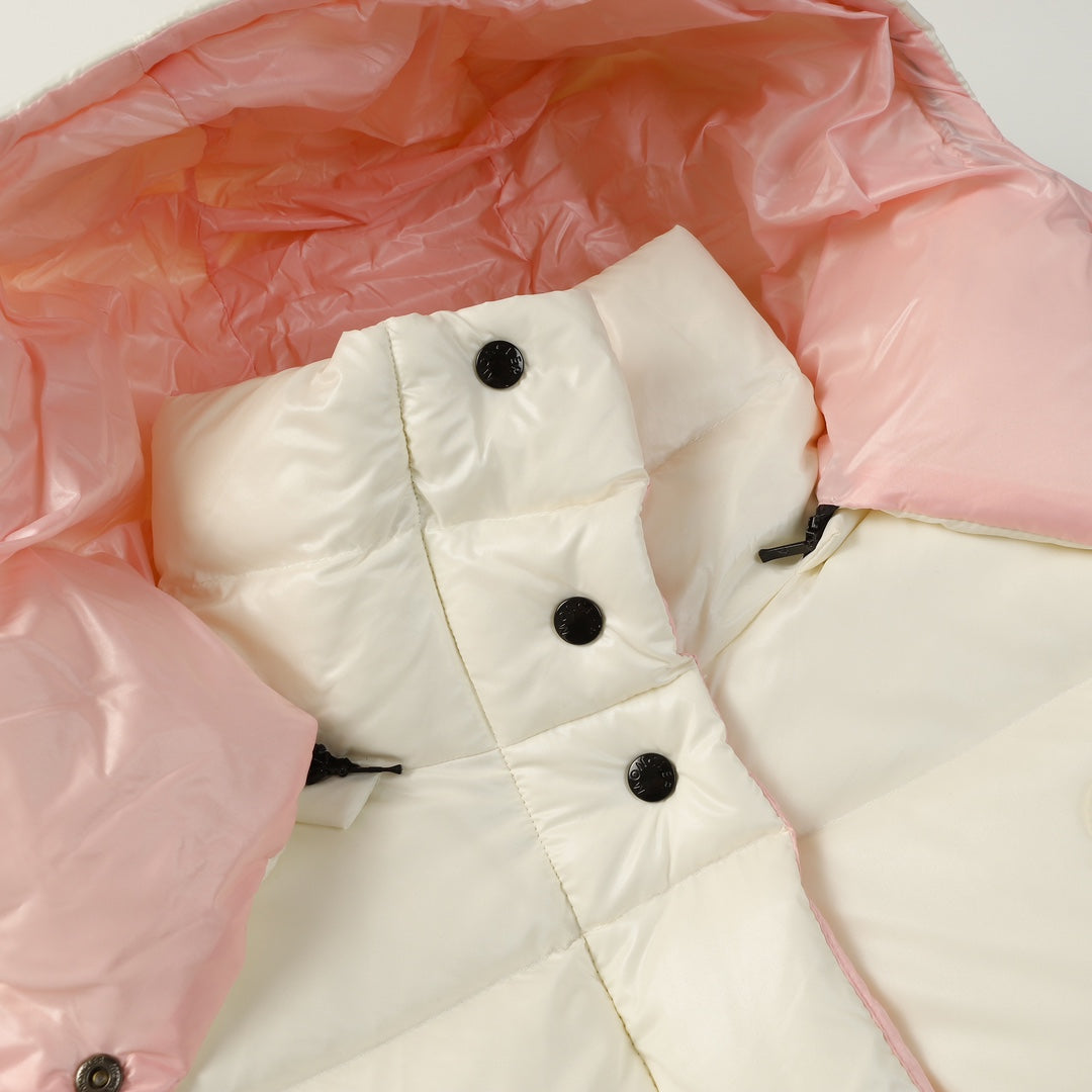 Moncler Parana Women’s Color-Block Hooded Down Vest | Puffer Gilet | Black / White-Pink / Apricot | Sizes 0–3