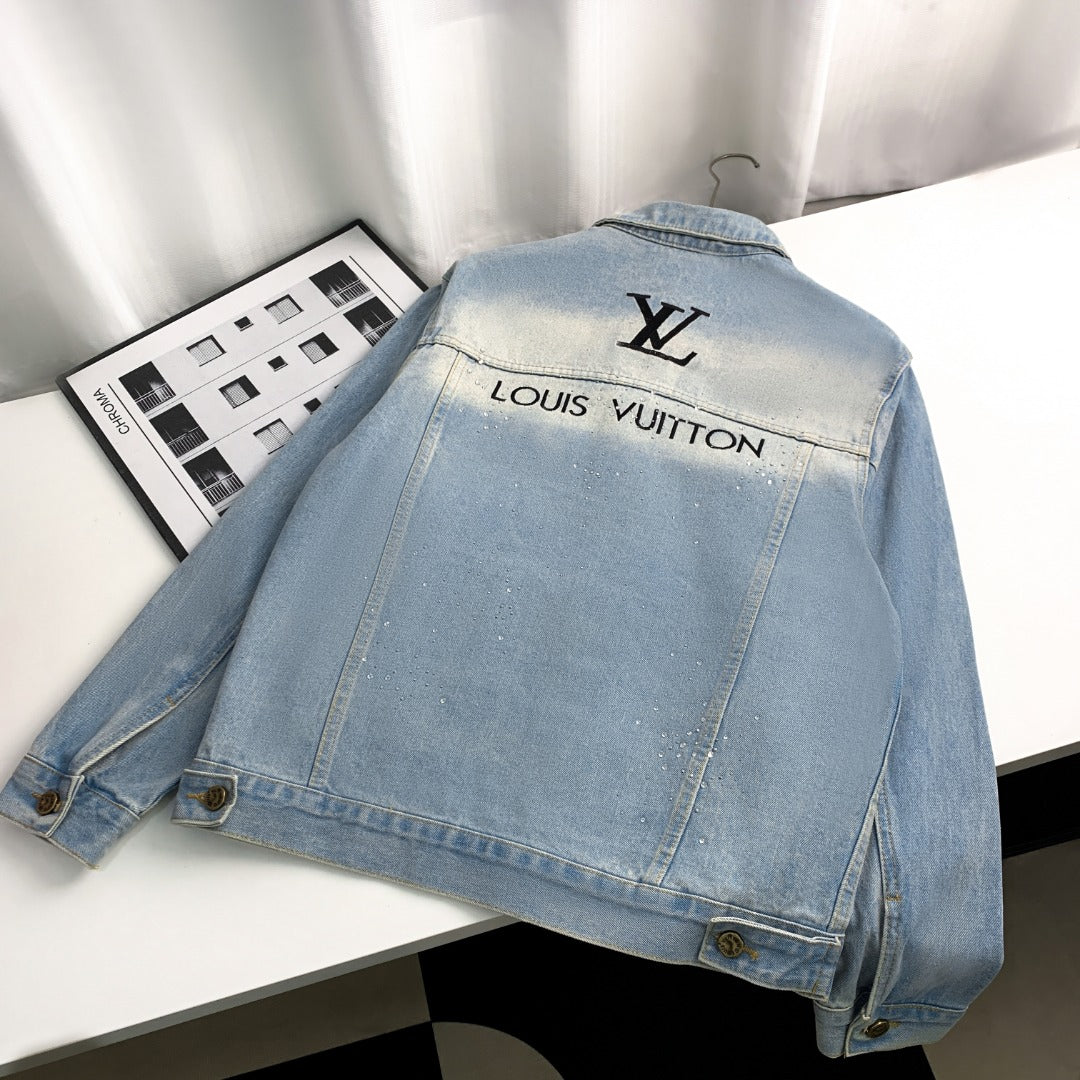 Louis Vuitton 23FW “Starlight Monogram” Crystal-Embroidered Distressed Denim Jacket