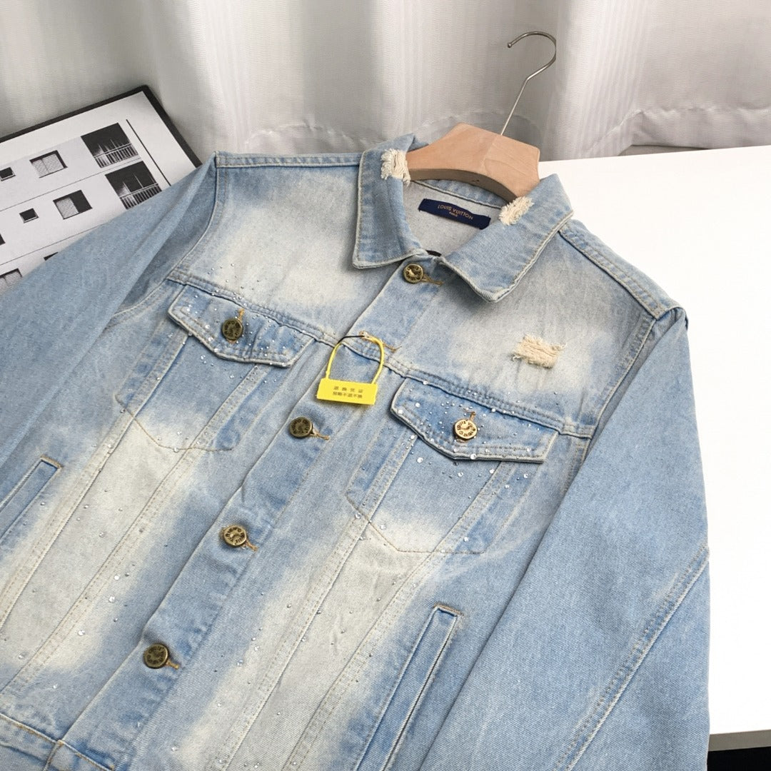 Louis Vuitton 23FW “Starlight Monogram” Crystal-Embroidered Distressed Denim Jacket