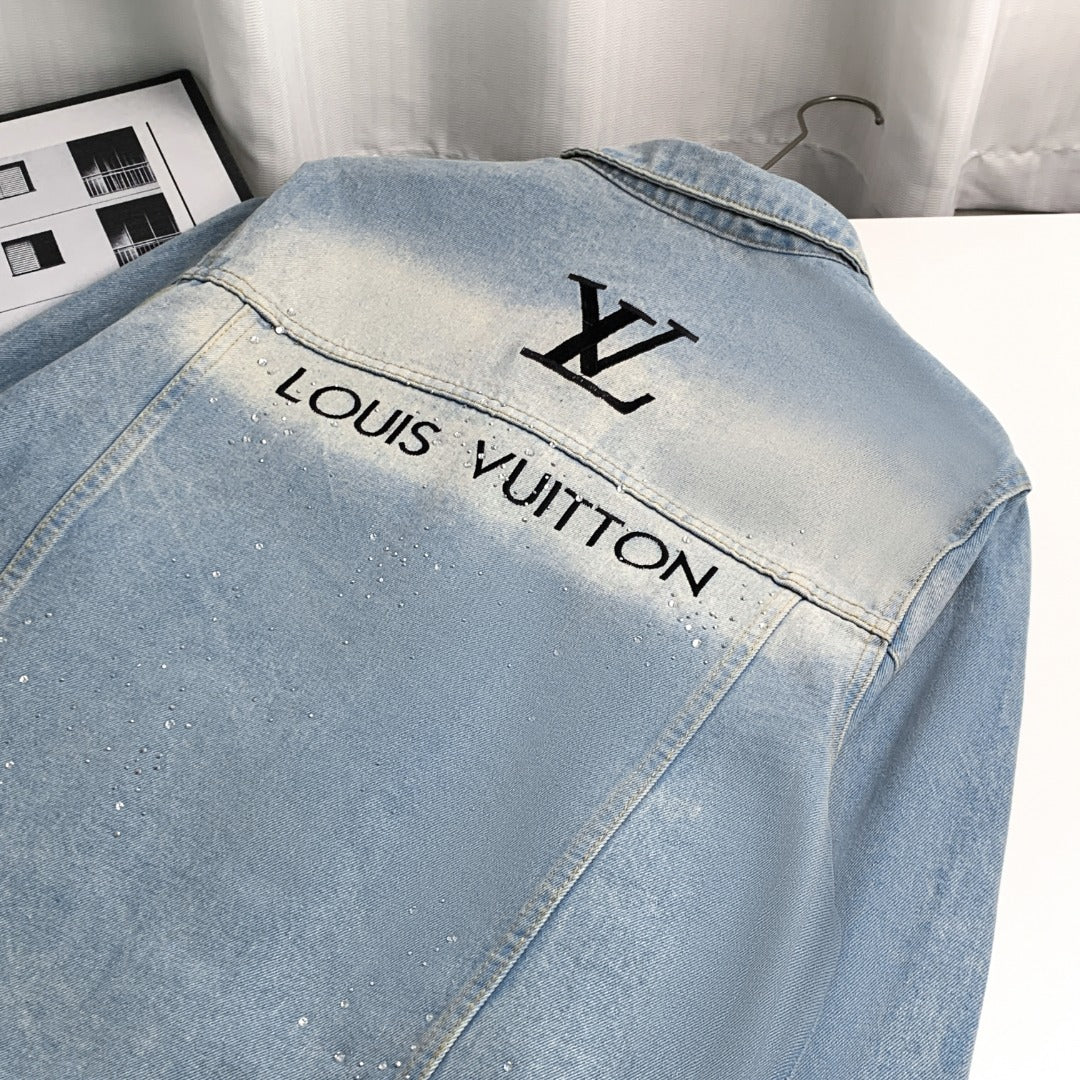 Louis Vuitton 23FW “Starlight Monogram” Crystal-Embroidered Distressed Denim Jacket