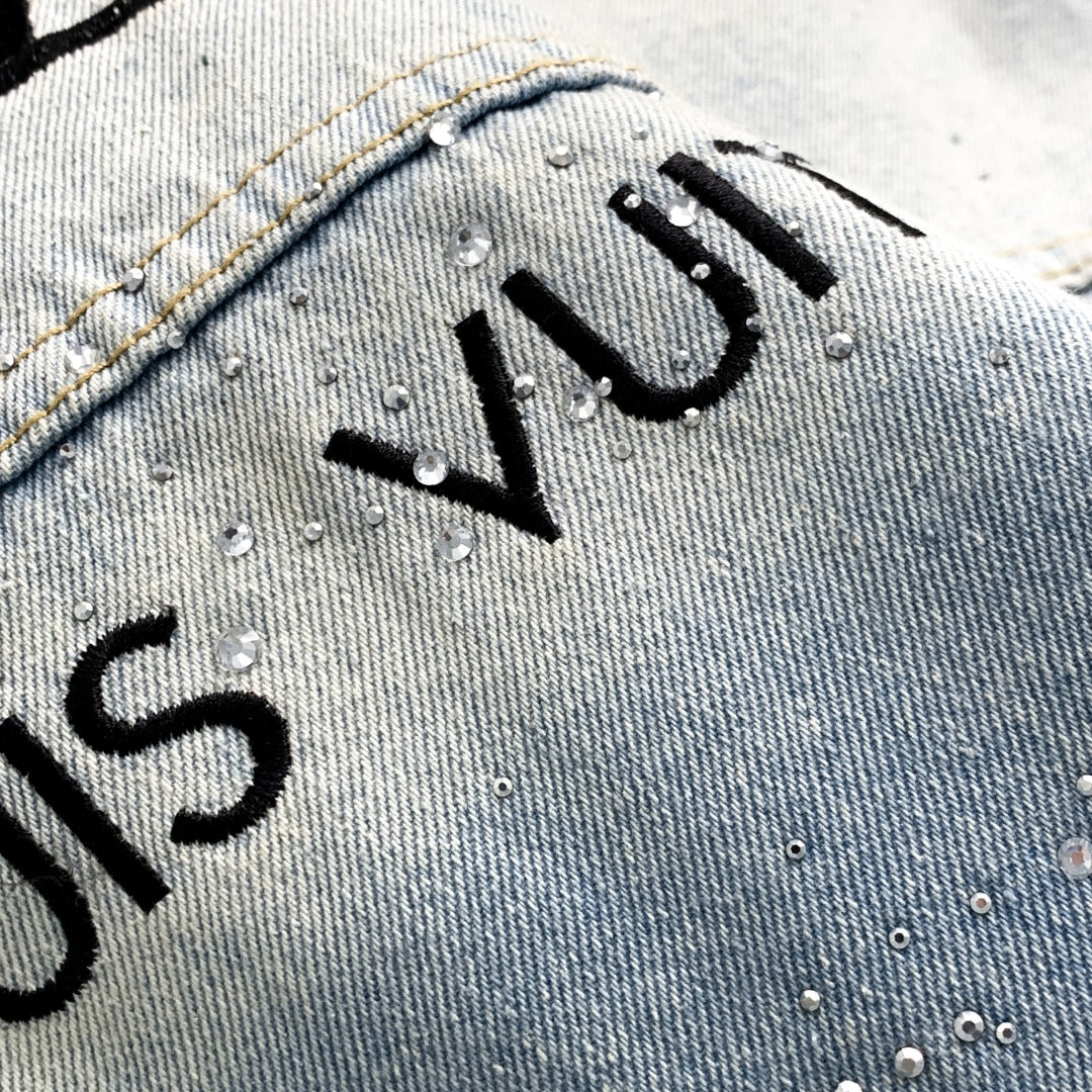 Louis Vuitton 23FW “Starlight Monogram” Crystal-Embroidered Distressed Denim Jacket