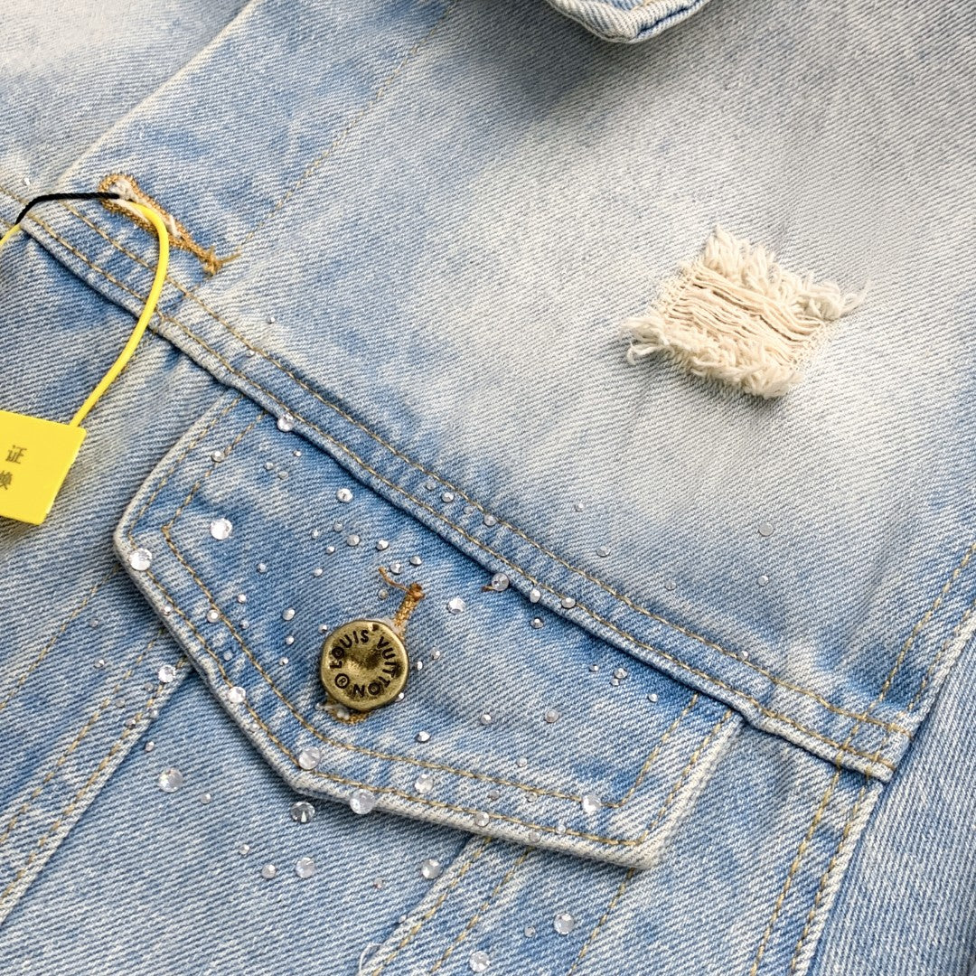 Louis Vuitton 23FW “Starlight Monogram” Crystal-Embroidered Distressed Denim Jacket