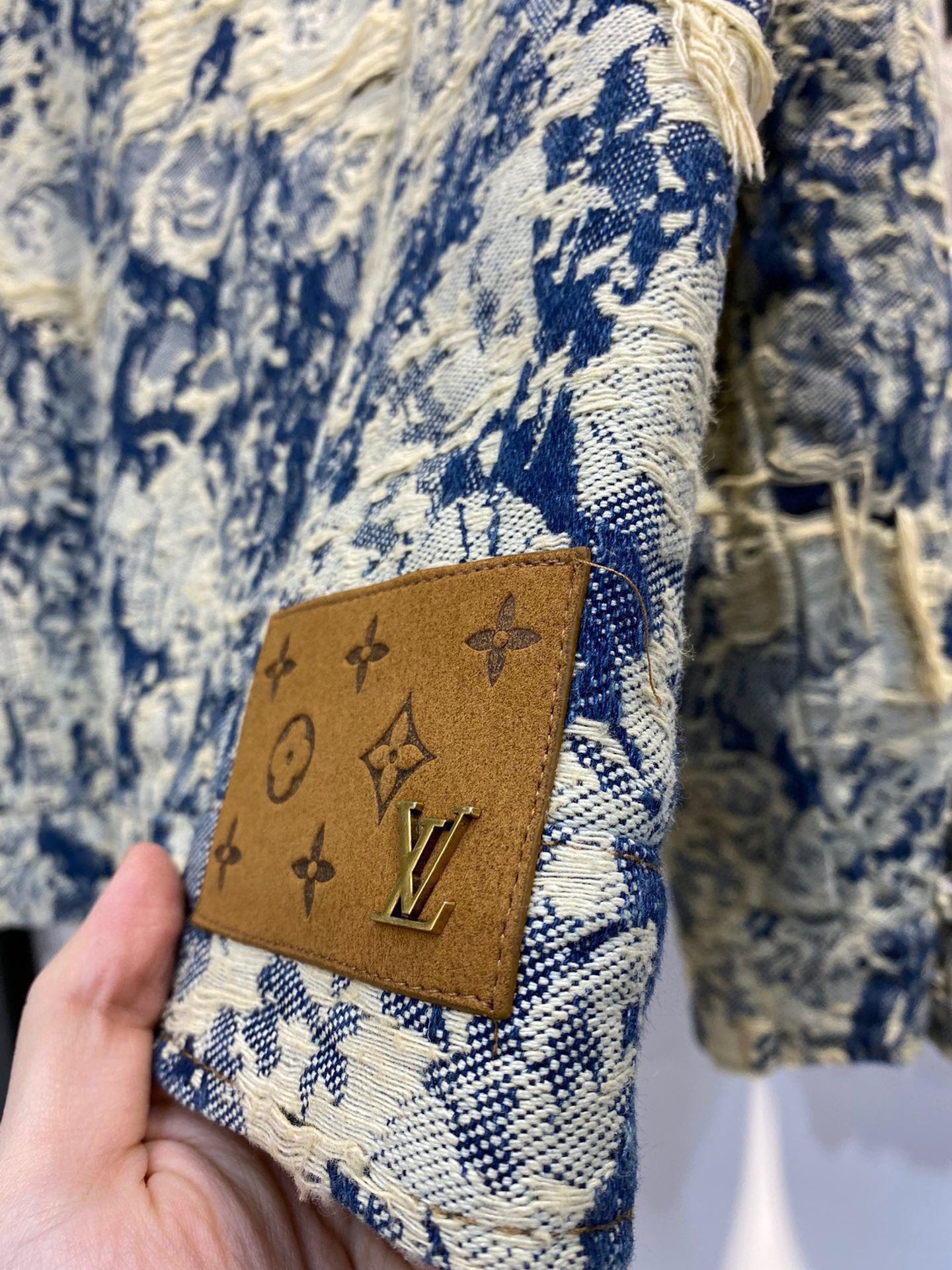 Louis Vuitton Distressed Floral Jacquard Fringe Denim Jacket