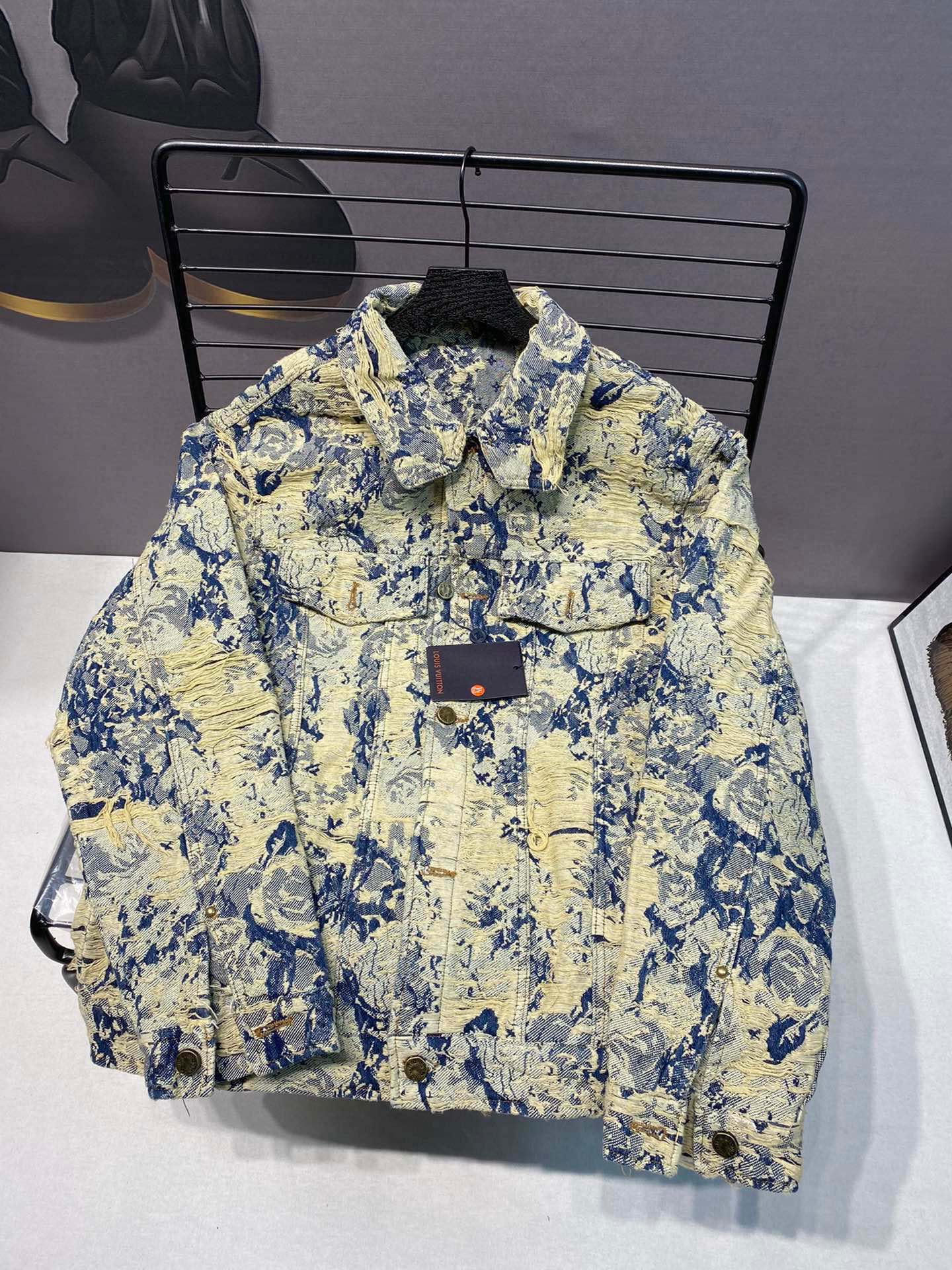 Louis Vuitton Distressed Floral Jacquard Fringe Denim Jacket