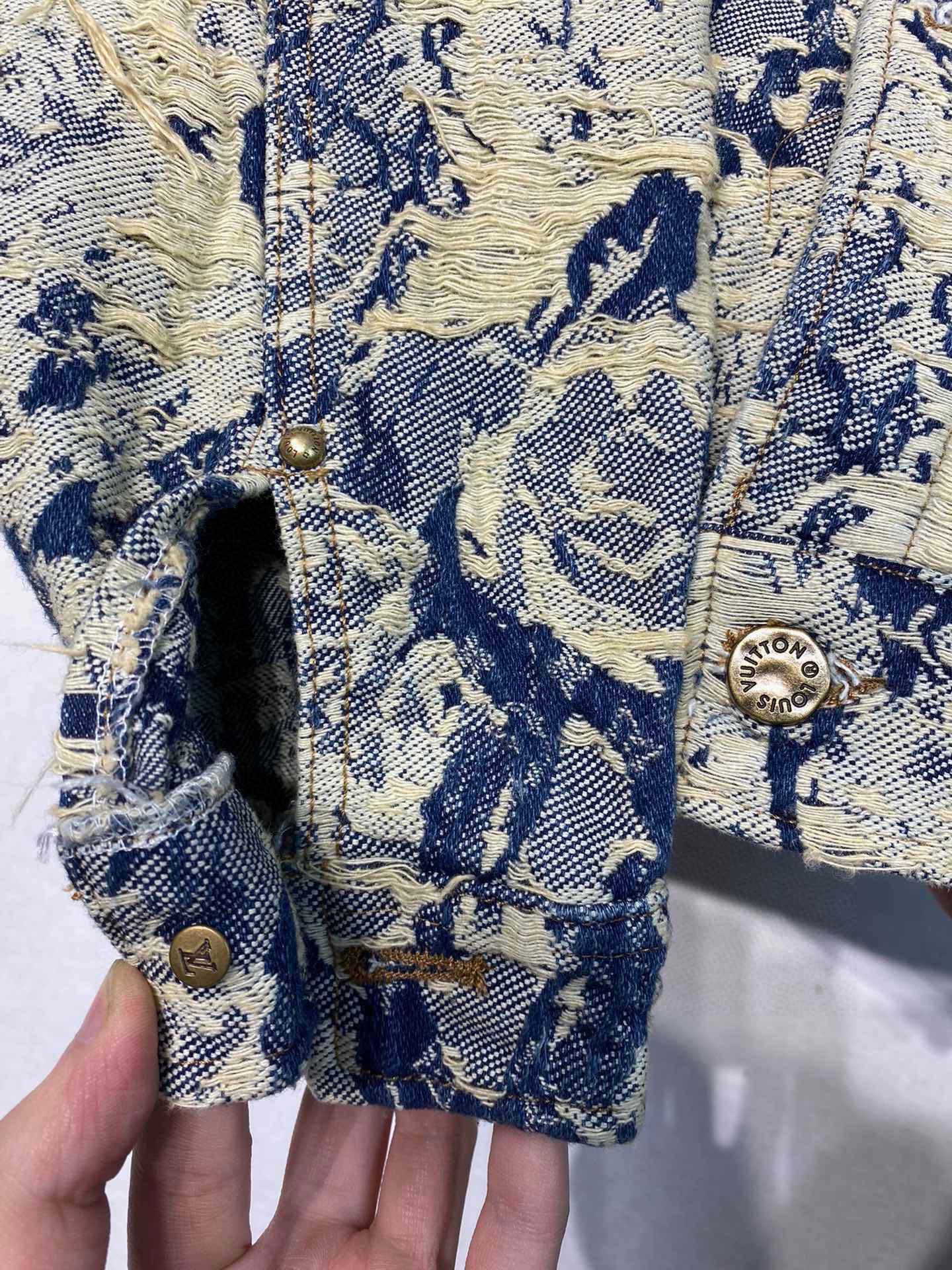 Louis Vuitton Distressed Floral Jacquard Fringe Denim Jacket